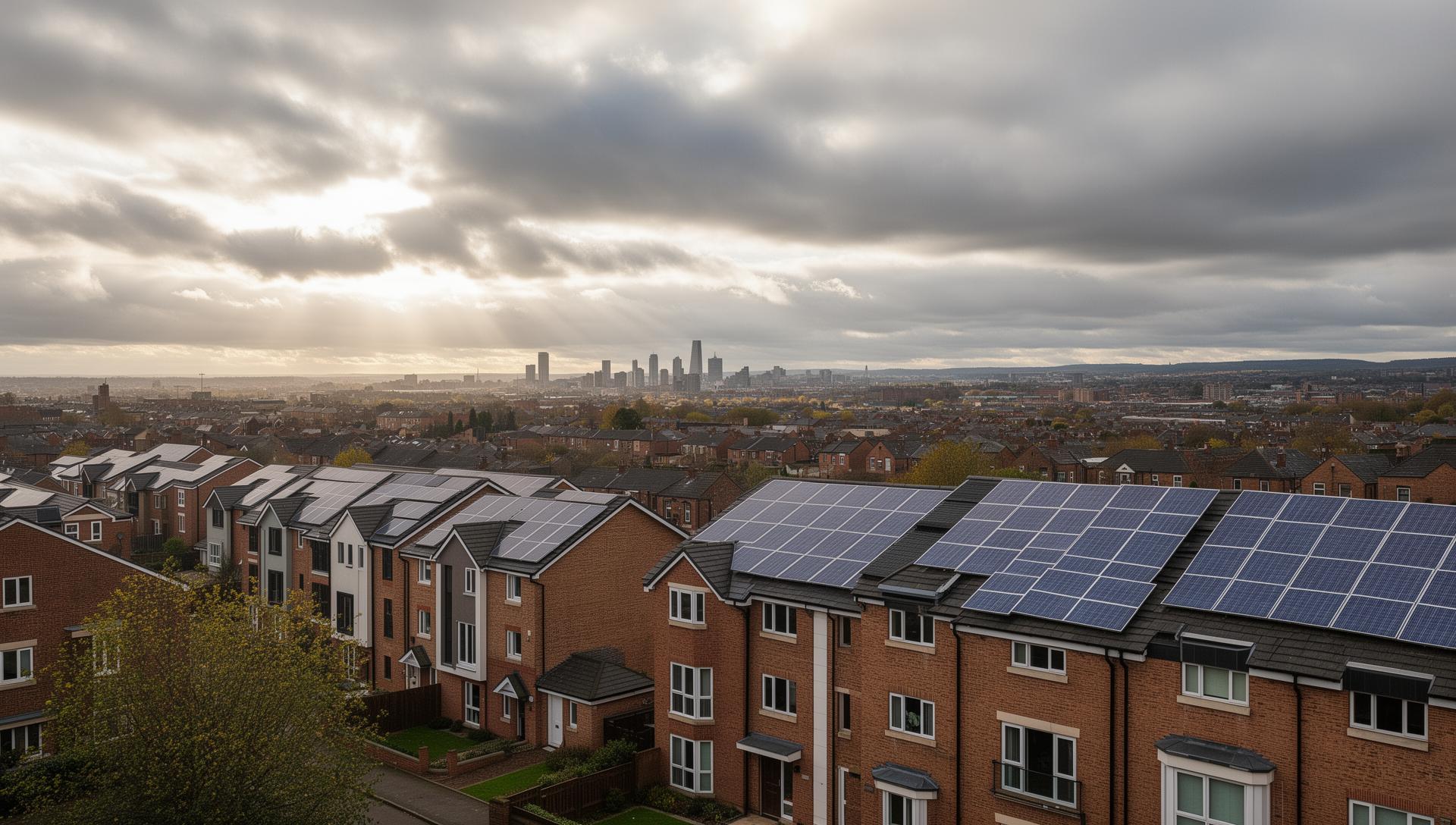 Solar panels on Manchester homes with partly cloudy sky